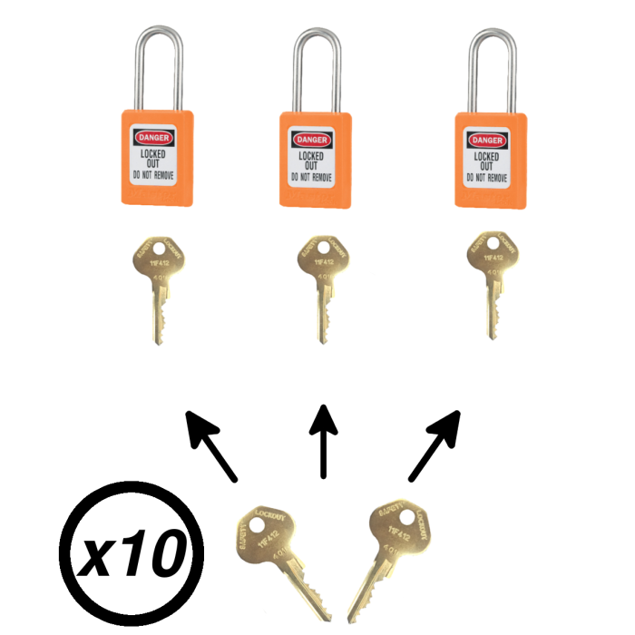 Lot de cadenas de consignation électrique orange Master Lock S31 avec clé passe